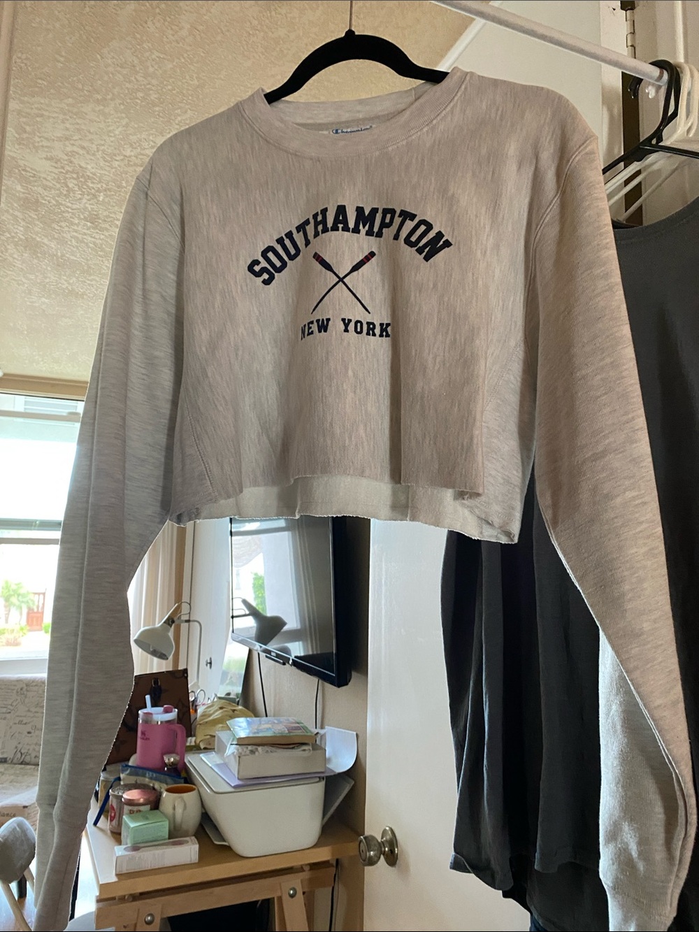 Champion Cream Southampton New York Cropped Crewneck Sweatshirt